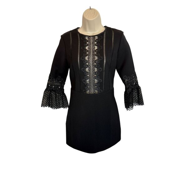 Self Portrait Bell Sleeve Ponte Lace Trim Shift Dress black - Size 2 - Picture 4 of 11